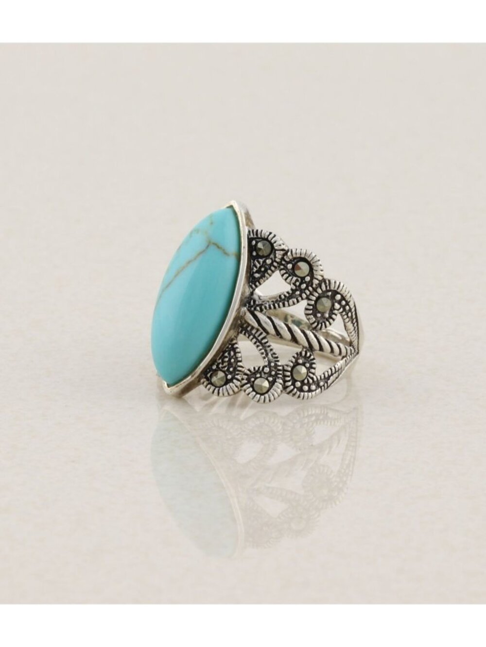 Sterling Silver Turquoise & Marcasite Ring Size 7 1/4 - Picture 5 of 7